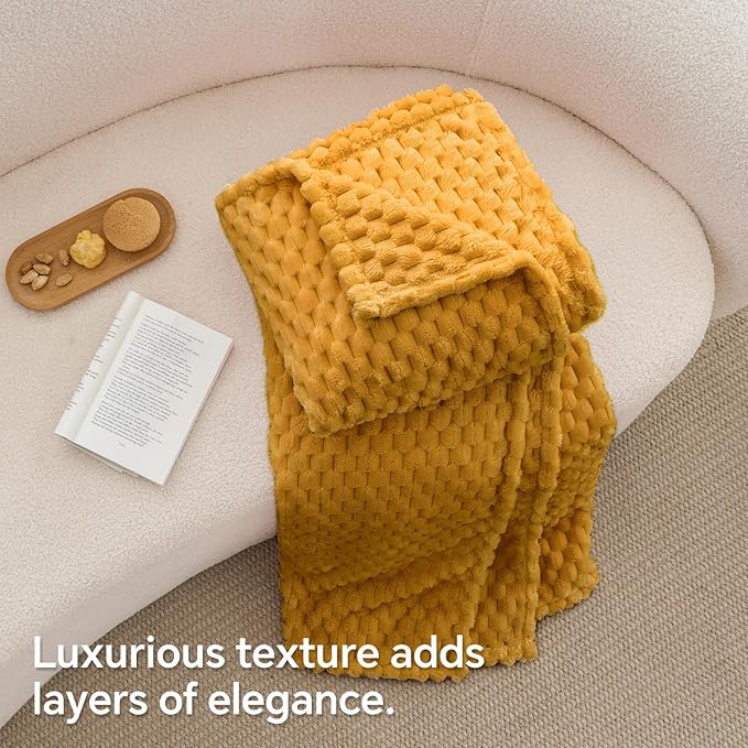 BEDELITE Fleece Blanket - 3D Jacquard Decorative Mustard Yellow Throw Blankets for Couch & Bed, Soft and Cozy Warm Plush Fluffy Blanket All Seasons Suitable, 50x60Inches
