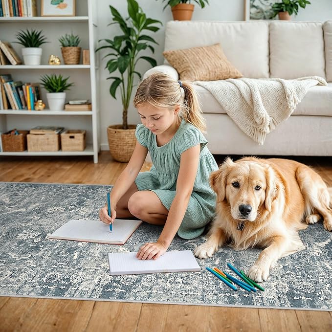 2'6"x12' Washable Hallway Runner Rug - Non Slip Kitchen Runner Rugs with Rubber Backing Vintage Low-Pile Carpet Runners for Entryway Dining Room Laundry Room Home Decor (Blue)