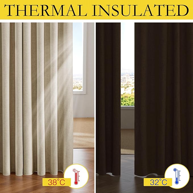 NICETOWN Cream Linen Complete Blackout Curtains 48 inches for Kids Room, 2 Panels, Thermal Insulated & Noise Reducing Window Draperies with Grey Liner, Noise Reducing Short Drapes