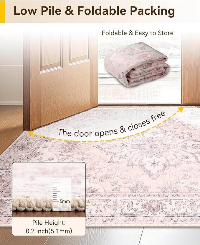 RELEANY Area Rugs 2'6''x4' Kitchen Rugs Entry Rug Small Rugs for Entryway Kitchen Bathroom Door Mat Indoor Entrance,Washable Non Slip, Pink Greypink Cute