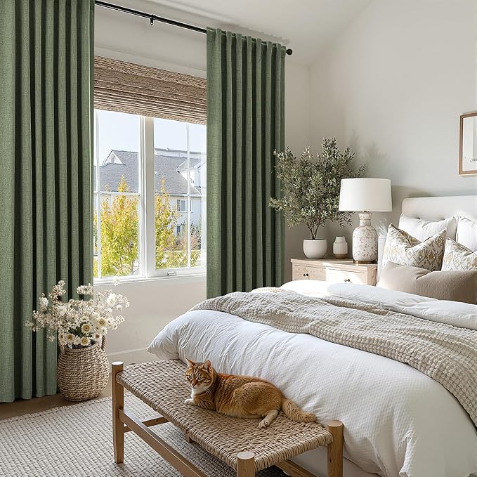 MIULEE 100% Blackout Linen Curtains for Bedroom, Olive Green Solid Luxury Decor Thermal Insulation Room Darkening Drapes for Living Room Nursery Back Tab Rod Pocket 42 x 90 Inches, 2 Panels
