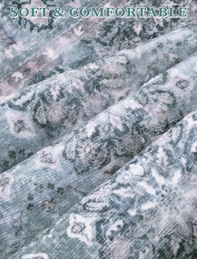 SERISSA Boho Washable Runner Rug, 2x6 Rug Non-Slip Vintage Floral Hallway Kitchen Runner Rug Ultra Soft Print Distressed Blue Grey Floor Carpet for Bedroom Bathroom Laundry Room