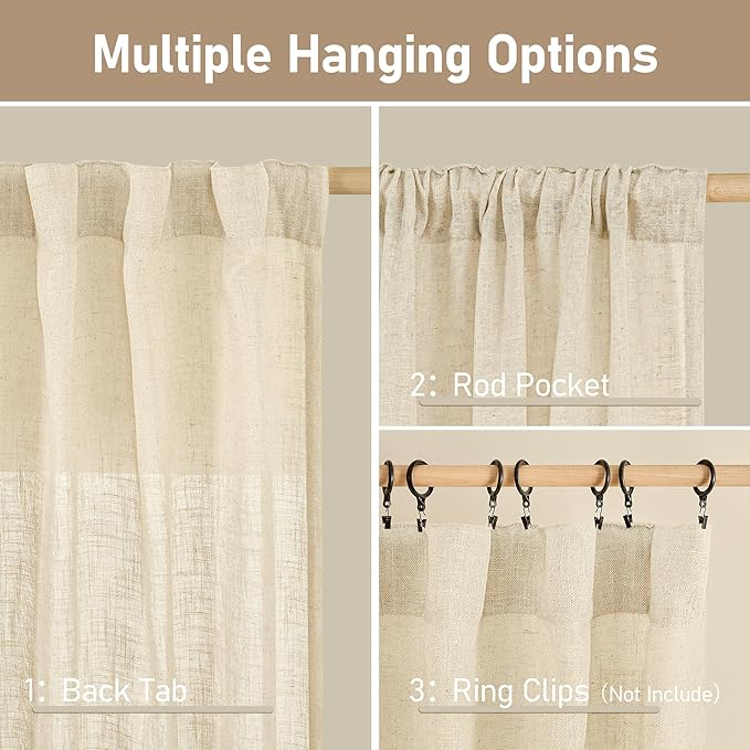 LAMIT Short Linen Window Curtains 30 Inches Long 2 Panels, Beige Semi Sheer Light Filtering Panels Back Tab and Rod Pocket Neutral Drapes for Basement/Small Windows, 34 x 30 Inch
