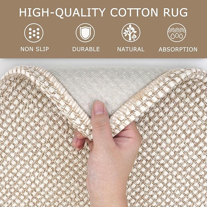 KOZYFLY Long Runners for Hallways 2x12 ft Washable Kitchen Runner Non Slip Rubber Backed Hallway Rugs Cotton Entryway Runner Rug Floor Carpet for Indoor Hall, Backdoor, Kitchen, Ivory/Khaki