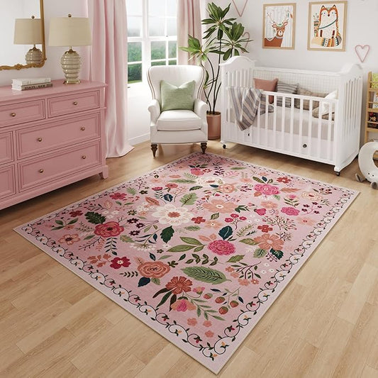 Rugcomf Bedroom Rug 3x5 Rug Washable Area Rug Non Slip Low Pile Boho Floral Small Carpet for Bedroom, Bedside, Kitchen, Entryway, Kids Room, Office, College Dorm Essentials for Girls(Pink)