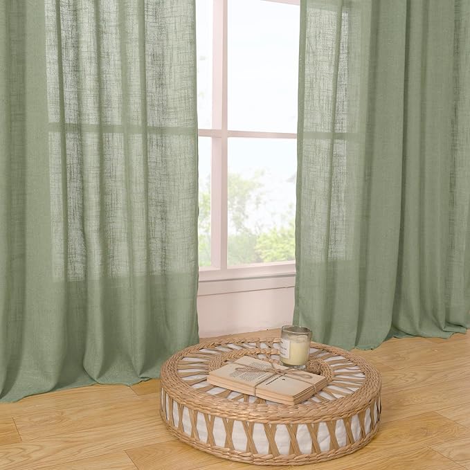 LAMIT Kitchen Linen Curtains 40 Inch Length 2 Panels, Sage Green Semi Sheer Light Filtering Panels Back Tab and Rod Pocket Neutral Drapes for Basement/Window/Loft Room, 34 x 40 Inch
