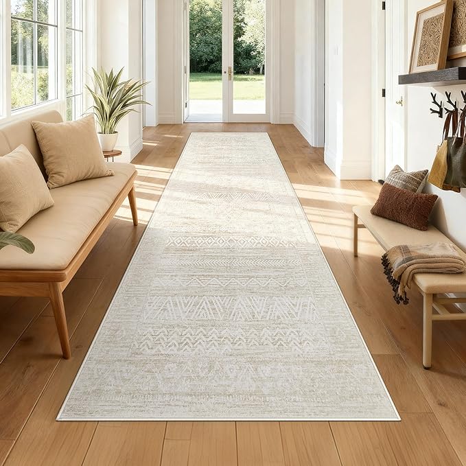 2x8 Washable Runner Rug: Moroccan Geometric Boho Rug Farmhouse Non Slip Stain Resistant Rugs Low Pile Soft Carpet for Porch Kitchen Laundry Room Living Room Bedroom (Ivory Beige,2'x8')