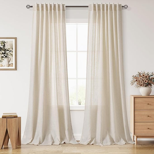 Nanspring Extra Long 120 Inch Curtains for Living Room Cream Beige Linen Light Filtering Semi Sheer Curtain Back Tab Modern Farmhouse Decor Floor to Ceiling High Window for Bedroom 52x120, 2 Panels