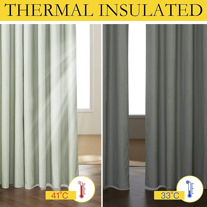 NICETOWN Sage Green 100% Blackout Linen Texture Curtains 84 inches Long 2 Panels for Boy's Room, Thermal Insulated Full Blackout 2-Layer Lined Cold Reducing Drapes, Energy Efficiency Window Draperies