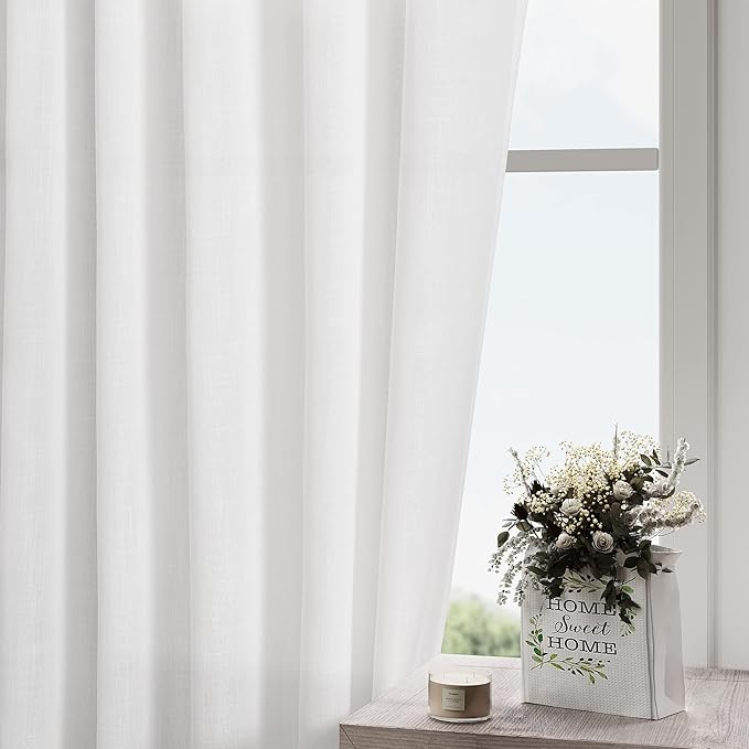 Nanspring White Linen Curtains for Living Room Extra Long Back Tab Curtains 2 Panels Set 204 Inches Long Farmhouse Light Filtering Semi Sheer Linen Drapes Ceiling to Floor for Large Window 52x204