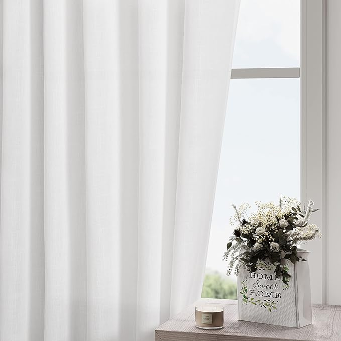 Nanspring Linen White Curtains 2 Panels Set Back Tab Light Filtering Semi Sheer Drape Extra Long for Living Room Modern Farmhouse Decor Linen Textured Curtain for Floor to Ceiling Window 52x228