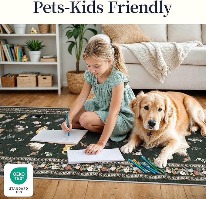 2x12 Washable Hallway Runner Rug - Soft Low Pile Floral Animal Cat Print Rugs with Non-Slip Backing Waterproof Stain-Resistant Indoor Carpet for Kitchen Entryway Bathroom Bedroom (Sage Green)