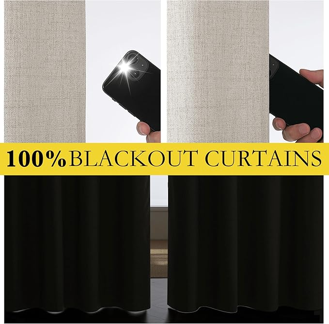 NICETOWN Brich Vintage Open Linen Weave Flax Thermal Curtains, 100% Blackout Curtains 63" Long for Dining Room, Soundproof Window Treatment Drapes for Gym Room, 42" Wide Per Panel, Set of 2