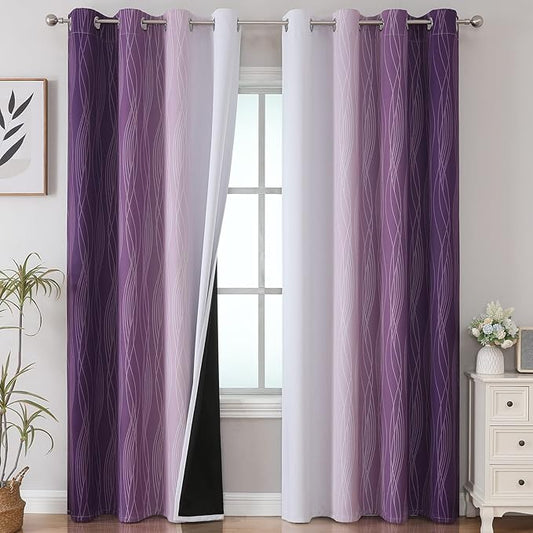 Estelar Textiler Purple and Greyish White Ombre Blackout Curtains 90 Inch Length 2 Panels Set,Thermal Insulated Drapes for Bedroom,Full Room Darkening Grommet Gradient Curtains for Living Room,52Wx90L