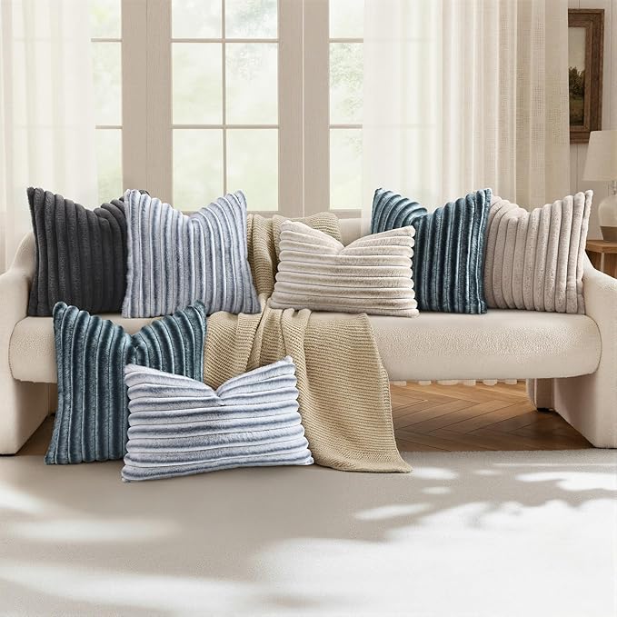 decorUhome Cozy Faux Fur Throw Pillow Covers 22x22 Set of 2 Decorative Soft Plush Striped Modern Farmhouse Boho Couch Euro Sham Pillow Cases with Velvet Back for Sofa Bed Living Roomr, Grey White