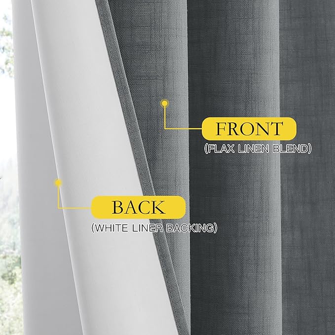 NICETOWN 100% Absolutely Blackout Linen Curtains with Thermal Insulated White Liner, Dove Grey, W52, 2 Pieces, Noise Reducing Textured Linen Look Curtains for Windows 95 inch Length for Classroom