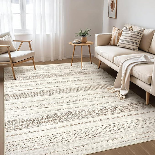 Nakagishi Area Rug Living Room Rugs: 4X6 Machine Washable Boho Large Neutral Farmhouse Stain Resistant Moroccan Indoor Floor Carpet for Bedroom Nursery Dorm Dining Room Home-Brown Tan