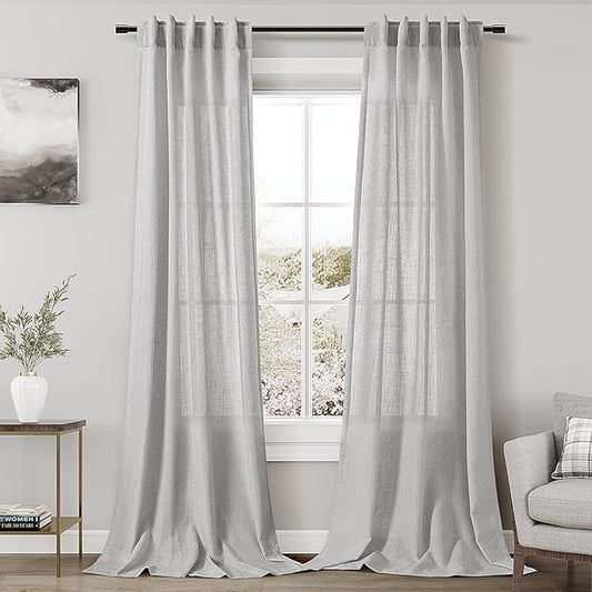 Nanspring Grey Linen Boho Curtains for Bedroom Back Tab Rod Pocket Semi Sheer Curtains 90 Inches Long 2 Panel Set Light Filtering Neutral Farmhouse Lightweight Drapes for Living Room 40x90