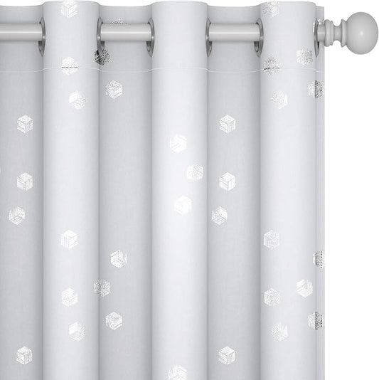 Deconovo Designer Series Silver Cubic Print Room Darkening Curtains for Living Room Bedroom Office, Greyish White, 52W x 95L Inch, 2 Panels