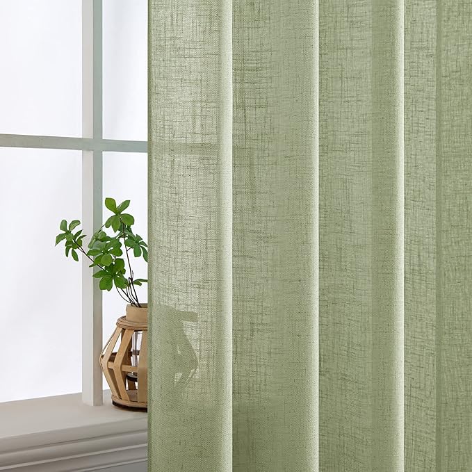 MIULEE Sage Green Linen Curtains 90 Inch Long for Bedroom Living Room, Soft Thick Linen Textured Window Drapes Semi Sheer Light Filtering Back Tab Rod Pocket Burlap Look Farmhouse Decor, 2 Panels