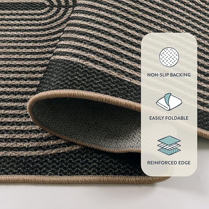 Lahome Enfys Rainbow Easy Jute Outdoor Carpet, Washable Rugs 9x12 for Living Room Patio Large Farmhouse Indoor Outdoor Carpet, Contemporary Black Dining Room Rugs for Under Table Office Backyard