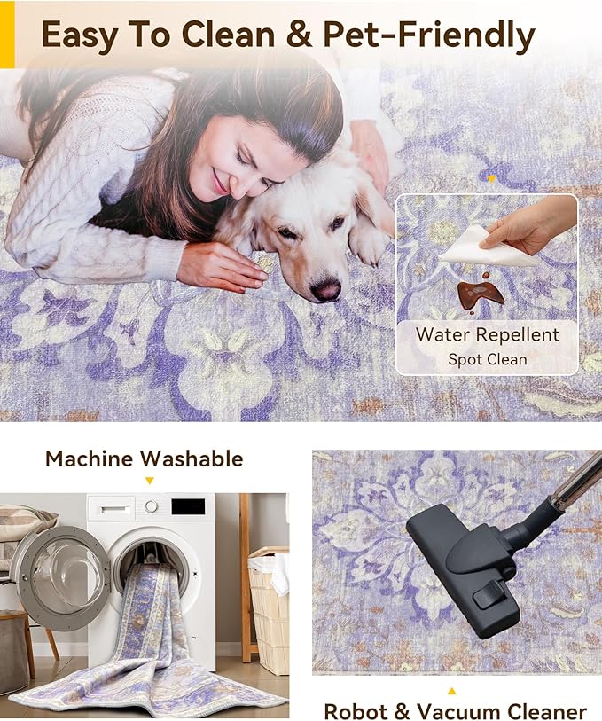 RELEANY Area Rugs 3'x5' Washable Non-Slip, Floral Vintage Distress Print Pattern Medallion Carpet for Living Room Bedroom Dining Room, Light Purple Brown