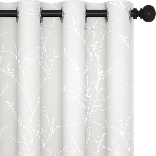 Deconovo White Curtains, Room Darkening Curtain, Thermal Insulated & Noise Reducing Drapes, Silver Branch Pattern, 52 x 108 Inch Long, Grommet Panels for Bedroom Living Room Office Nursery, Set of 2