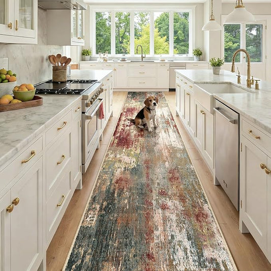 Washable Area Rugs 2'6'' x14 Non-Slip Modern Abstract Soft for Living Room Entryway Bedroom Nursery, Print Pattern, Brown Rust Red Green Blue Multi