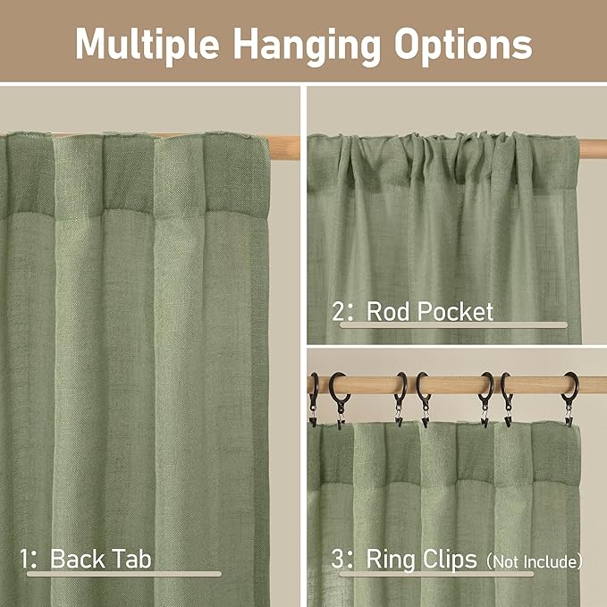 LAMIT Linen Semi Sheer Curtains 96 inches Long 2 Panels Set, Light Filtering Panels Back Tab and Rod Pocket Floor to Ceiling Curtains for Bedroom/Living Room, Sage Green, 52 x 96 Inch
