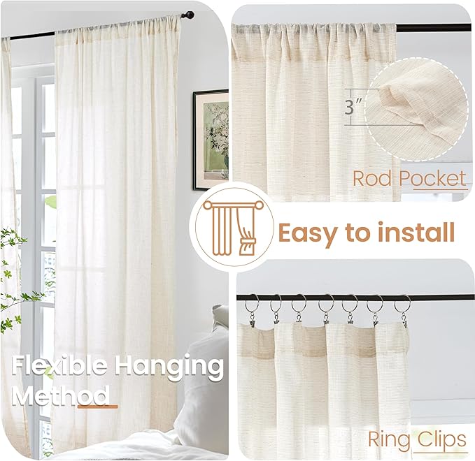 BGment Beige Linen Curtains 40 Inch Length for Short Window - Small Semi Sheer Drapes with Rod Pocket for Cafe Kitchen Bedroom Light Filtering Cream Curtain, 2 Panels, Each Panel 30 Inch Wide