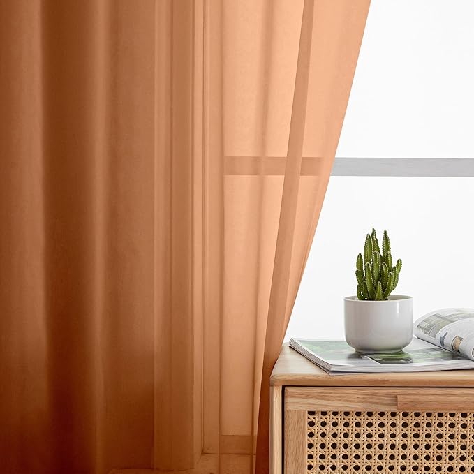 Simplebrand Orange Short Sheer Curtains 45 Inch Length for Small Windows, Rod Pocket 2 Panels Set Solid Voile Drapes Window Sheer Curtains for Bedroom Bathroom Kids Room Kitchen, 42x45 Inch, 2pcs