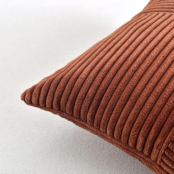 Fancy Homi 2 Packs Rust Lumbar Decorative Throw Pillow Covers 14x22 Inch for Living Room Couch Sofa, Rustic Farmhouse Boho Home Decor, Soft Striped Corduroy Rectangle Accent Terracotta Cushion Case