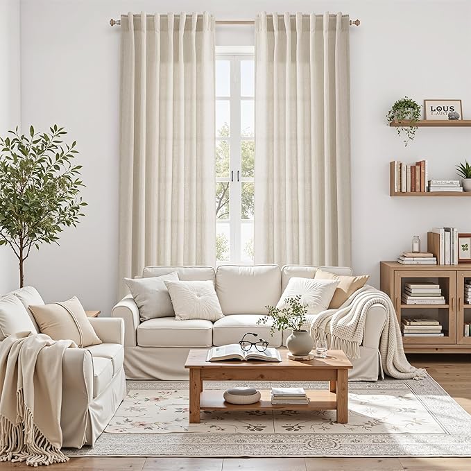 Boho Linen 112 Inch Curtains for Living Room Light Filtering Semi Sheer Curtain Back Tab Boho Eclectic Home Decor Elegant Farmhouse Drapes Floor to Ceiling High Window for Bedroom 52x112, 2 Panels