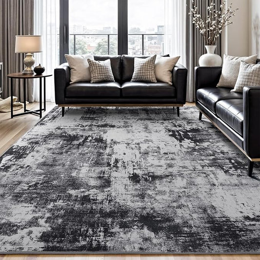 Rugflix 9x12 Area Rugs for Living Room, Washable Large Rug Stain-Resistant Low Pile, Modern Dark Carpet for Dining Room Home Office Kid Room Nursery Bedroom, Black Grey