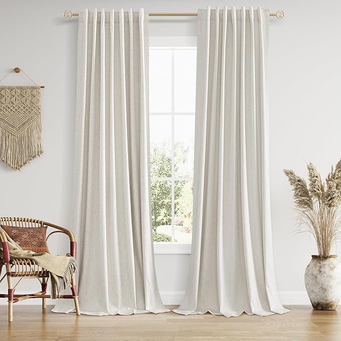 Guken Boho 100 Inches Long 100% Blackout Curtains Room Darkening Large Window Linen Drapes Sound Proof Heat Blocking Thermal Curtain for Bedroom Back Tab Rod Pocket, 52x100