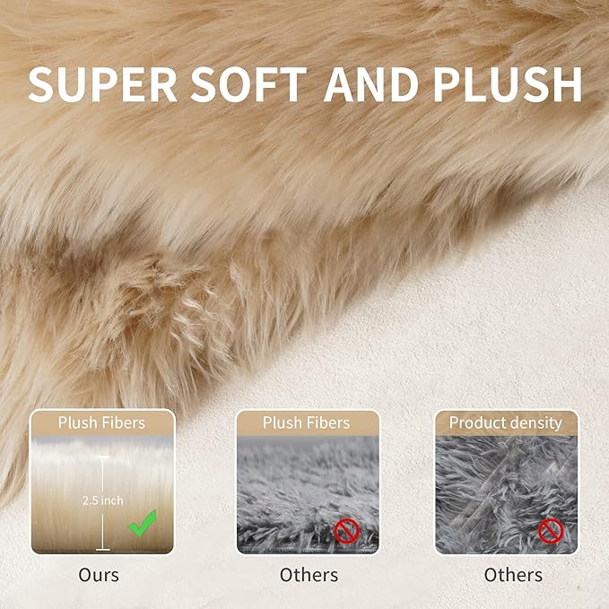 Beige Fluffy Rug for Bedroom, 2'X6' Faux Fur Rug for Runner, Soft Shag Rug for Sofa Couch Cushion, Cozy Shaggy Fuzzy Plush Floor Carpet for Nursery, Cute Bedside Dorm Home Decor Rectangle