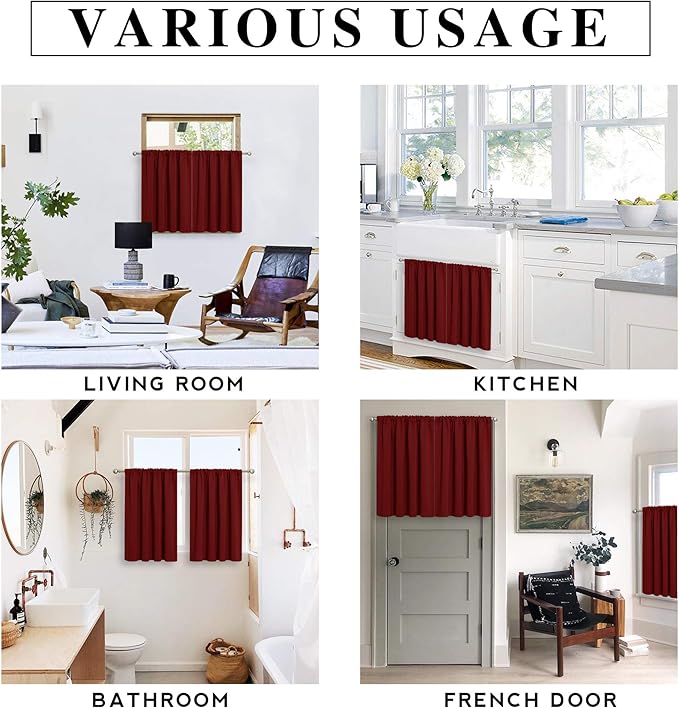 RYB HOME Basement Bathroom Kitchen Cafe Blackout Privacy Curtains, Short Insulating Light UV Heat Blocking Privacy Curtain Tiers for Laundry Room, Width 34 by Length 30, Burgundy Red, 2 Panels