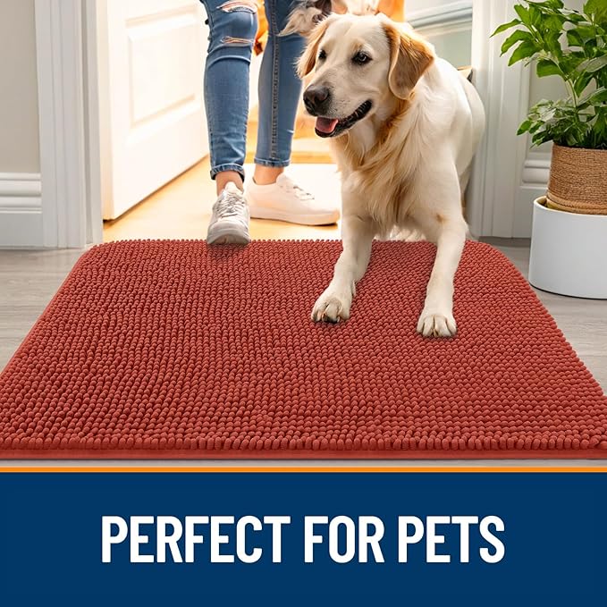 OLANLY Dog Door Mat for Muddy Paws 44x32, Absorbs Moisture and Dirt, Absorbent Non-Slip Washable Doormat, Quick Dry Chenille Mud Mat for Dogs, Entry Indoor Entryway Carpet for Inside Floor, Maple Red
