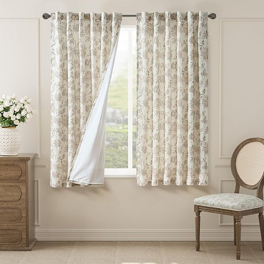 jinchan Lined Linen Floral Curtains for Living Room, 63 Inch Length Printed Flower Farmhouse Patterned French Country Back Tab Taupe Window Drapes Set Privacy Bedroom Curtains, 2 Panels