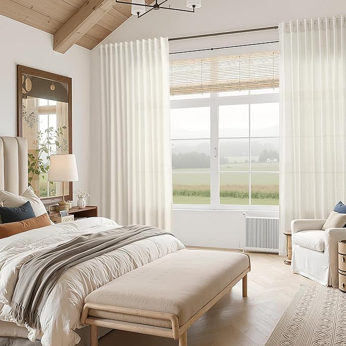 Nanspring Natural Linen Curtains 80 Inch Length for Living Room Country Light Filtering Semi Sheer Curtains Farmhouse Decor Curtain for Bedroom Back Tab and Rod Pocket 52x80, 2 Panels