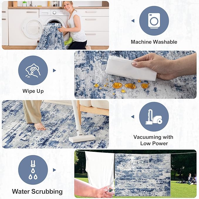 8x10 Area Rugs for Living Room - Washable Rug Modern Abstract Soft Large Neutral Non-Slip Carpet Indoor Floor Thin Carpets for Bedroom Dining Room Farmhouse Nursery Home Office Blue Gray