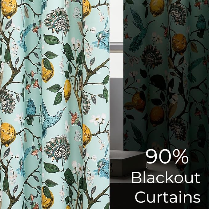 Topfinel 90 Inches Long Curtains Mint Green Whimsical Woodland Leaf Jungle Flower Hummingbird Victorian Grommet Thick Sage Green Curtains for Balcony Sliding Glass Office Bedroom Living Room