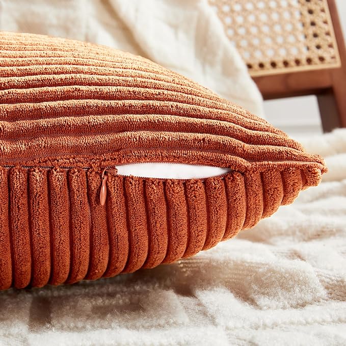Fancy Homi Set of 2 Burnt Orange Decorative Throw Pillow Covers 16x16 Inch for Living Room Couch Bed, Boho Farmhouse Fall Home Decor, Soft Corss Corduroy Patchwork Textured Cushion Case 40x40 cm