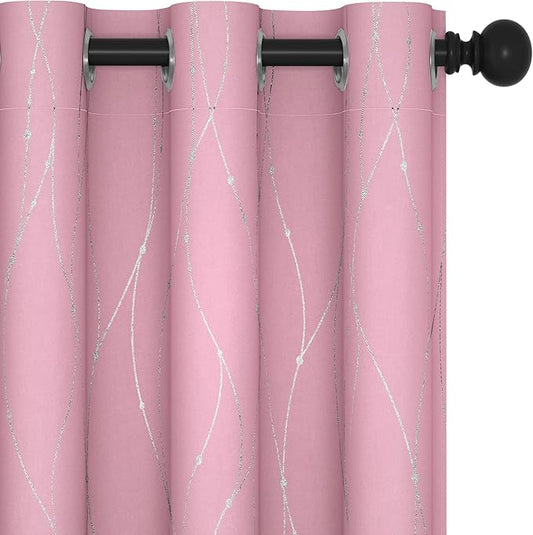 Deconovo Short Blackout Curtain, Pink Curtain, Thermal Insulated Soundproof Grommet Drapes, Wave Line Dot Foil Print, 38 x 54 Inch, 2 Panels, Machine‑Washable Window Panel for Small Windows Kitchne