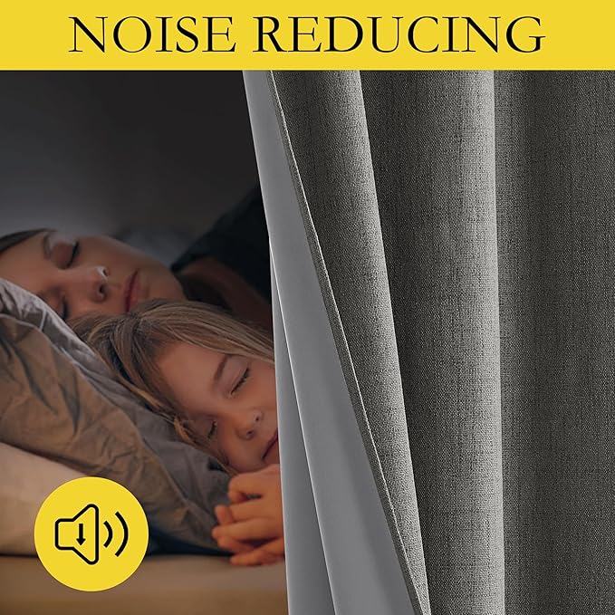 NICETOWN Grizzle Gray Vintage Linen 100% Blackout Curtains for Kitchen, Thermal Insulated Curtains 63" Long, Noise Reducing Window Treatment Drapes for Dorm Room, 62" Wide Per Panel, Set of 2