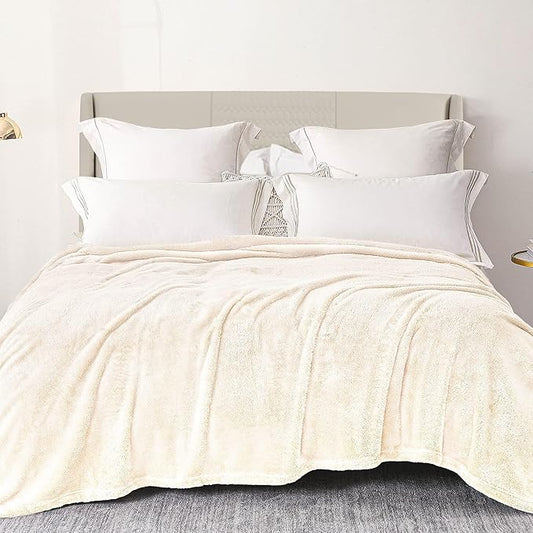 Exclusivo Mezcla Plush Fuzzy Fleece Bed Blanket Queen Size, Super Soft, Fluffy and Warm Blankets for Couch, Bed, All Season (Ivory, 90x90 inches)