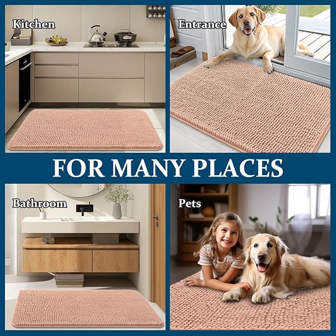 OLANLY Dog Door Mat for Muddy Paws 35x24, Absorbs Moisture and Dirt, Absorbent Non-Slip Washable Doormat, Quick Dry Chenille Mud Mat for Dogs, Entry Indoor Entryway Carpet for Inside Floor, Peach