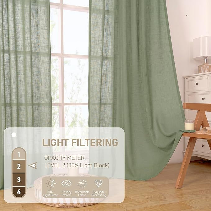 LAMIT Kitchen Linen Curtains 40 Inch Length 2 Panels, Sage Green Semi Sheer Light Filtering Panels Back Tab and Rod Pocket Neutral Drapes for Basement/Window/Loft Room, 34 x 40 Inch