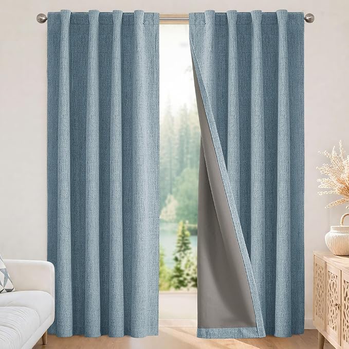 Joydeco Blackout Curtains for Bedroom - 100% Light Blocking 2 Panels Sky Blue Drapes 66" W x 96" L, Thermal Insulated Room Darkening Curtains, Linen Textured for Living Room, Rod Pocket & Back Tabs