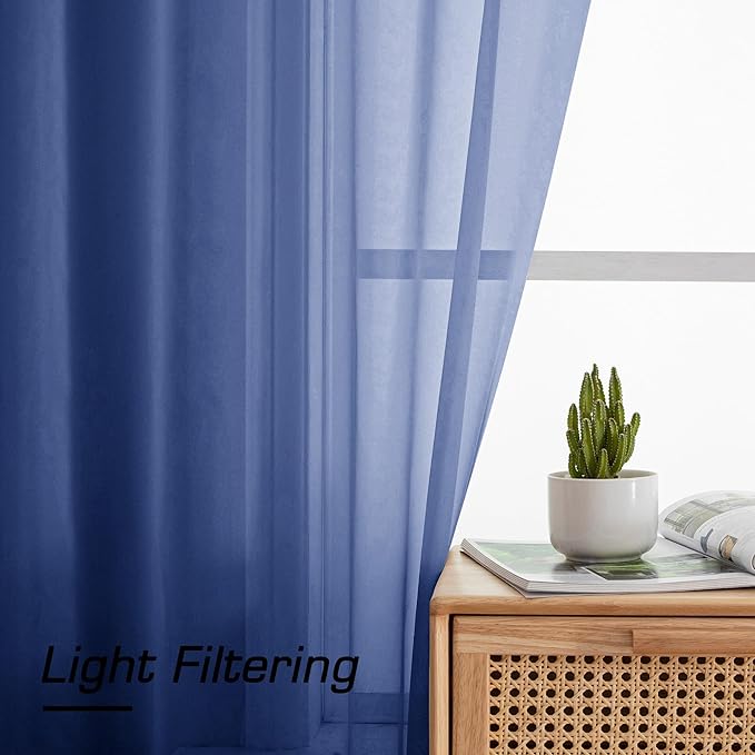 Simplebrand Royal Blue Sheer Curtains 96 Inches Long 2 Panels, Light Filtering Rod Pocket Solid Color Window Sheer Curtain Panels, Elegant Curtains & Drapes for Living Room, Bedroom, 42" W x 96" L